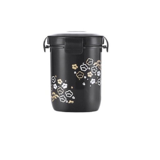 Resebehållare för soppa 350 ml Plastbehållare med klipp-lock för mat på språng Svart med blommönster Mått 10,5 x 6,4 cm