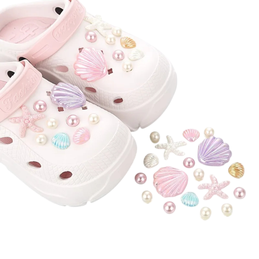 18 ks dekorace na crocsy mořský motiv perleťové PVC ozdoby na boty mušle hvězdice perly doplňky obuvi stylové charms