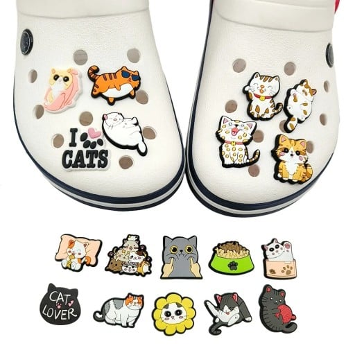 18 ks dekorácie na crocsy rôzne mačičky 2–3 cm PVC ozdoby na obuv doplnky pre crocsy a gumové topánky s motívom mačiek