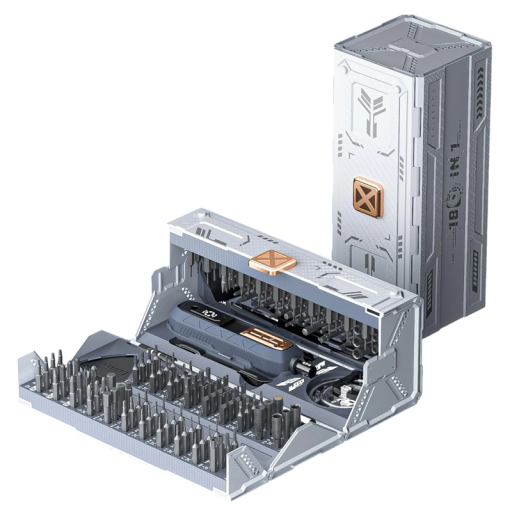 180-in-1-Präzisionsschraubendreher-Set im Designer-Organizer. Magnetische Bits aus CRV- und S2-Stahl. Hohe Härte und Korrosionsschutzbehandlung.