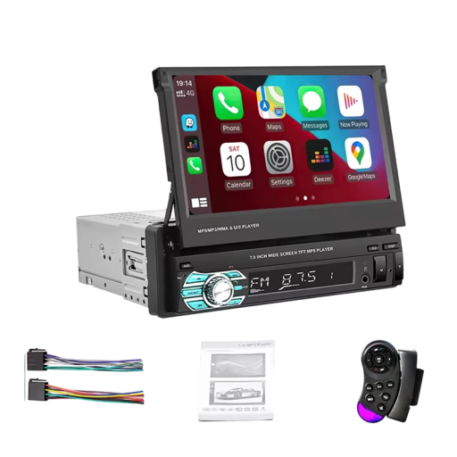 1DIN MP5 autórádió kihajtható 7" érintőképernyővel, CarPlay és Android Auto, Bluetooth, 256GB Micro SD támogatás, fekete