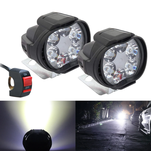 2 buc Faruri pentru motocicletă cu 6 LED-uri, 8W, 6000K, lumini auxiliare electrice cu comutator pe ghidon, 65 x 55 x 50 mm, lumini exterioare pentru motocicletă