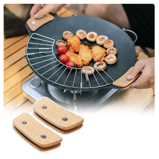2 db szigetelt fa nyél BBQ serpenyőhöz 9,5 x 4,5 cm, forrázásálló védő grillnyél, praktikus konyhai kiegészítő
