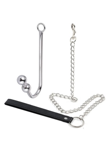 2-i-1 sæt analkroge i rustfrit stål med 2 kugler i spidsen og en 92 cm metalring til sensuel kontrol. Diskret emballage.