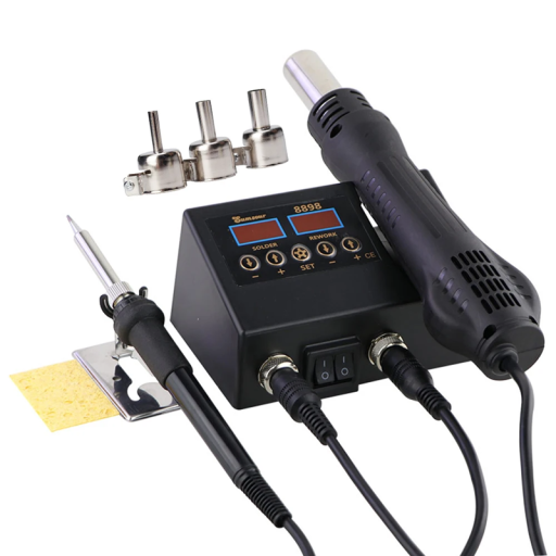 2-in-1 Soldering Station with Hot Air Gun AC220 - 240V 14 x 8.5 cm Soldering Iron Stand Sponge 3 Nozzles of Various Diameters
