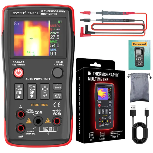 2-in-1 Thermische camera en multimeter met 2,4" IPS-display Meting van temperatuur -20°C tot 550°C DC/AC spanning en stroom USB-C opladen 1500mAh