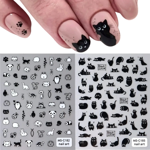 2 ks 3D samolepky na nehty černá kočka Roztomilé kreslené zvíře Samolepicí obtisky Nail Art posuvníky Dekorace pro manikúru MS-C182 MS-C185