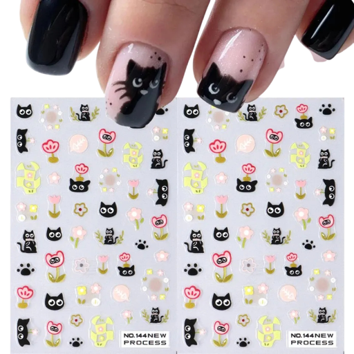 2 ks samolepky na nehty černá kočka 3D roztomilé zvíře samolepicí obtisky květinové motivy dekorace manikúra nail art příslušenství