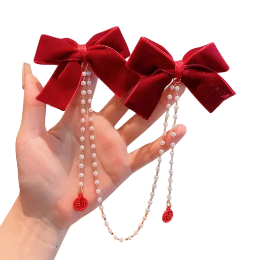 2 ks Sponky do vlasů s šifonovými mašlemi 10 x 8 cm Perlový řetěz 30 cm Elegantní vlasové doplňky Stylové ozdoby do vlasů Perlové sponky