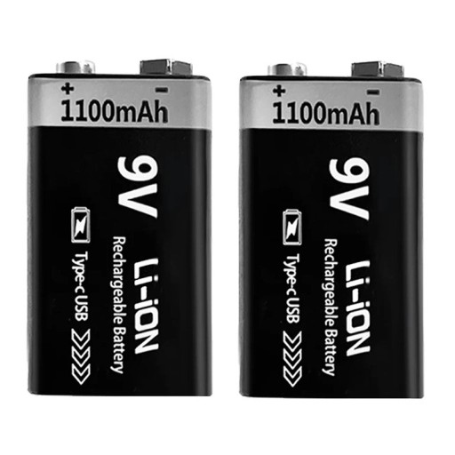 2 Pack Rechargeable 9V Batteries 1100mAh Li-ion with USB-C Connector 6F22 for Toys, RC Models, Multimeters, Detectors and Home Electronics
