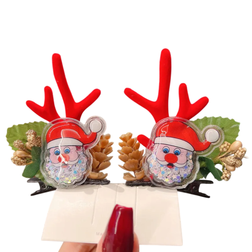 2 pcs Barrette pour enfants avec des bois de renne, Père Noël, feuilles et pommes de pin, décorations de cheveux de Noël, accessoires mignons pour l'hiver, barrettes festives