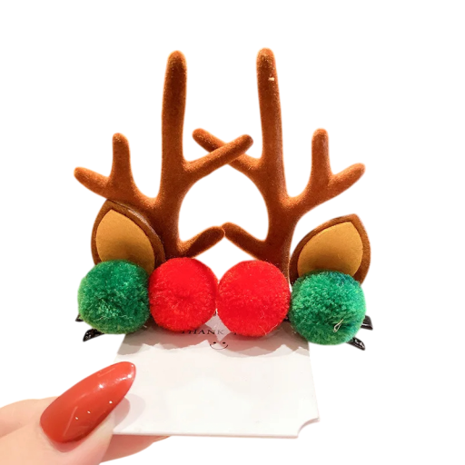 2 pcs Barrette pour enfants avec des bois et des oreilles de renne Décorations de cheveux de Noël Barrette avec des pompons rouges et verts Accessoires d'hiver pour enfants
