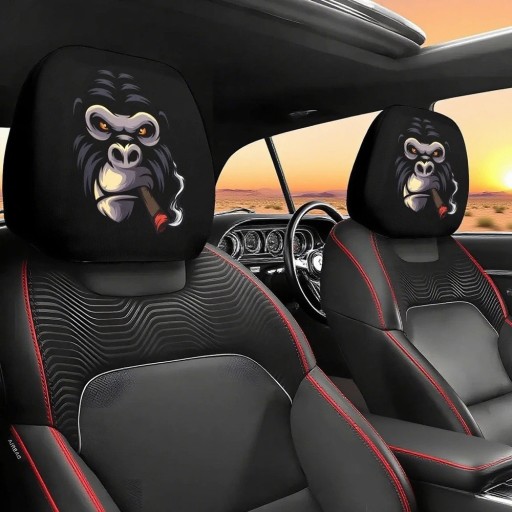 2 pcs Car Headrest Cover 28 x 26 cm Black Polyester Cover with Gorilla Motif Interior Decoration