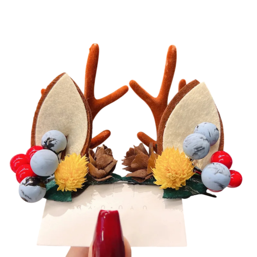 2 pcs Children's Hair Clips with Reindeer Antlers and Ears Winter Hair Accessories Yellow Flowers Pine Cones Red and Blue Berries Cute Hair Decorations