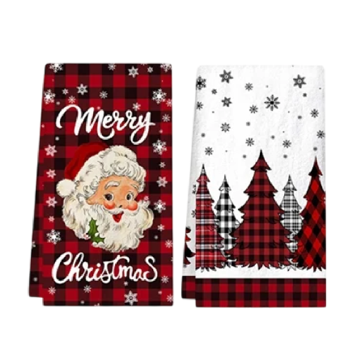 2 pcs Christmas Decorative Hand Towels 40 x 48 cm Red Checkered and White with Snowflakes and Trees Kitchen Christmas Set