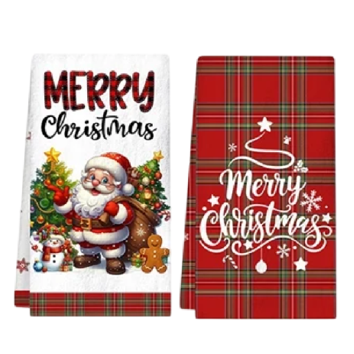 2 pcs Christmas Kitchen Towels 40 x 48 cm Cotton Tea Towels Red Checkered and with Christmas Motif Kitchen and Home Decoration
