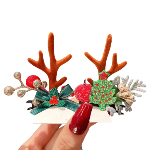 2 pcs Ganchos de cabelo infantis com chifres de rena, árvore de Natal, laço verde, pinha prateada e raminho - Acessórios de cabelo de inverno adoráveis