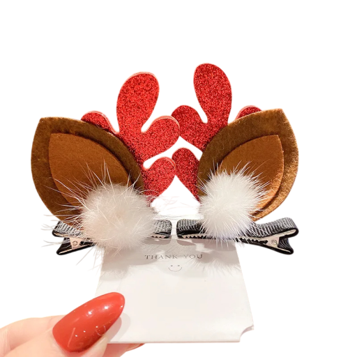 2 stuks kinderhaarspeldjes met rendiergewei en oren, witte pompon, kersthaaraccessoires, schattige haarspeldjes voor meisjes, winterhaarversieringen
