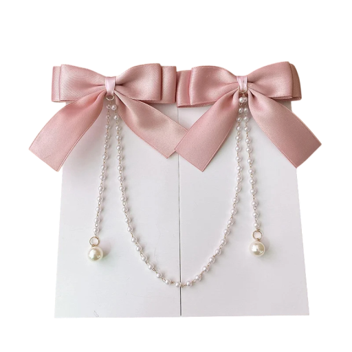 2 un Sponcas de cabelo com laços de chiffon rosa 10 x 8 cm Cadeia de pérolas 30 cm Acessórios de cabelo elegantes Decorações românticas para cabelo