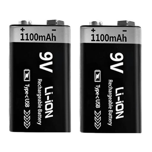 2 unidades de baterias recarregáveis 9V 1100mAh Li-ion com conector USB-C 6F22 para brinquedos, modelos RC, multímetros, detectores e eletrónica