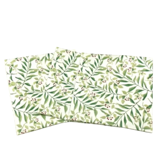 20 db Papírtörlő 33 x 33 cm 2 réteg Zöld levelek és bogyók mintával Dekoratív asztali törlőkendők Természetes vízbázisú festék