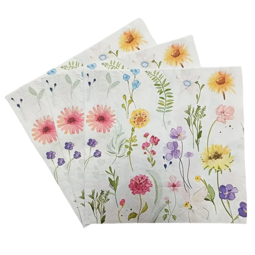 20 db Papírtörlő 33 x 33 cm 2 rétegű Mezei virágok mintával Természetes vízbázisú tinta Dekoratív terítő