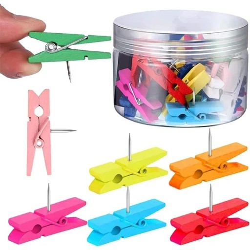 20 ks 2v1 připínáčky kolíčky dřevěné barevné hlavičky dřevo kov mix barev pro uchycení fotografií poznámek a dekorací