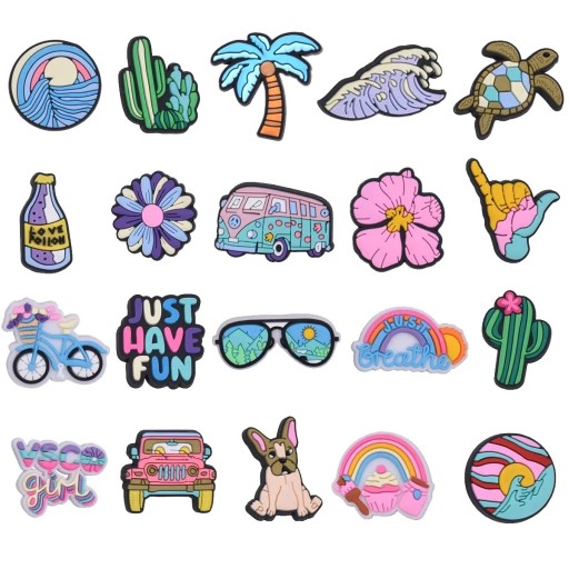 20 ks dekorace na crocsy barevné motivy PVC sada ozdob do nazouvací obuvi doplňky do otvorů bot různorodé tvary