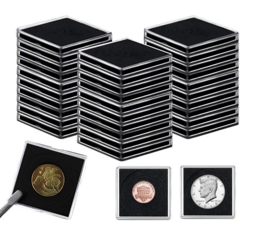 20 pcs Suportes quadrados de plástico para moedas Cápsulas de acrílico com espuma Para diâmetro 20 25 30 35 40 mm