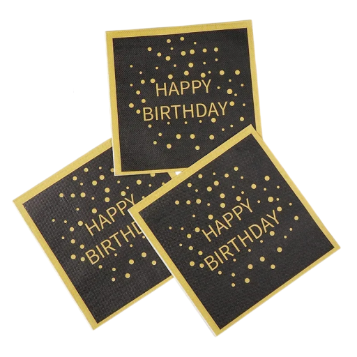 20 pz Tovaglioli di carta 33 x 33 cm Motivo di compleanno Nero e oro 2 strati Inchiostro alimentare a base d'acqua