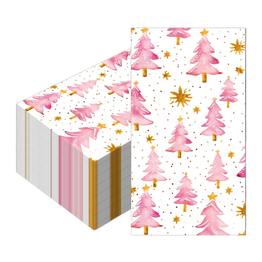 20 stuks Papieren servetten 40 x 33 cm Kerstservetten Roze kerstbomen en gouden sterren Moderne kerstdecoratieve servetten