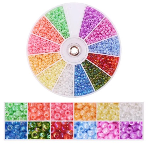 2000 Glass Beads 2 mm Hole 1 mm Rotating Packaging 8.4 × 8.4 cm 12 Compartments Multicoloured Set for Making Necklaces, Bracelets and Earrings