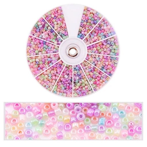 2000 unidades de contas de vidro 2 mm furo 1 mm 12 compartimentos embalagem rotativa 8,4 × 8,4 cm conjunto colorido para fazer colares, pulseiras e brincos