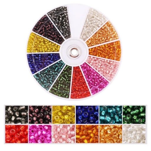 2000 unidades de contas de vidro 2 mm orifício 1 mm embalagem rotativa 8,4 × 8,4 cm 12 compartimentos conjunto colorido para fazer colares, pulseiras e brincos