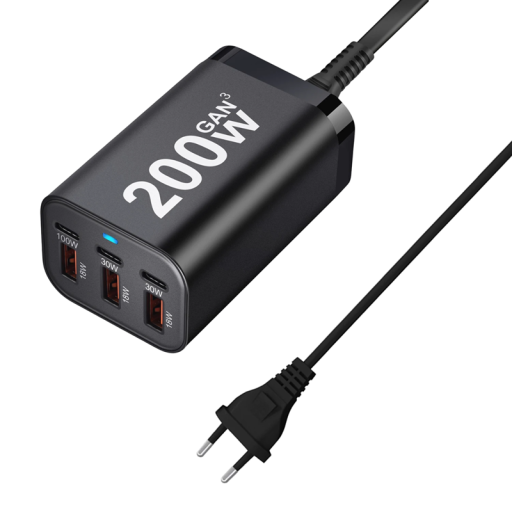200W hurtigopladningsadapter med 6 porte 3× USB C og 3× USB A oplader med EU-stik 110–240 V oplader flere enheder samtidigt strømindikatorlys