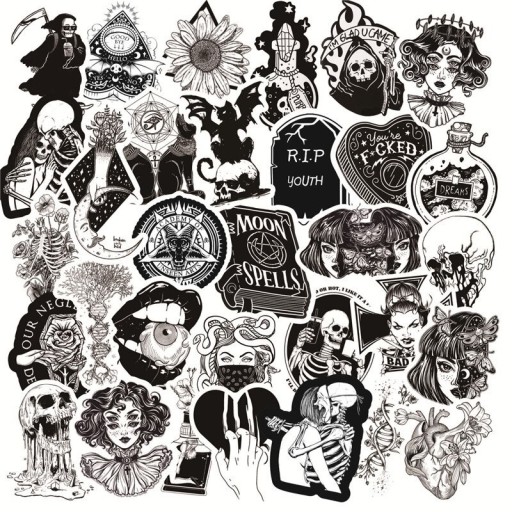 Svartvita klistermärken med gotiska motiv 50 st Set med PVC-klistermärken i storlek 3 till 7 cm I mörk stil för fans av skräck och mystik