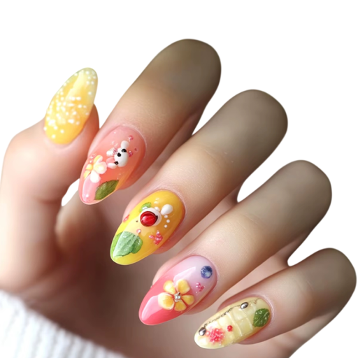 24 Artificial Nails 12 Sizes 25.6–18.3 mm Glossy Sweet Patterns Almond Shape Set with Glue and Tape for Quick Home Manicure