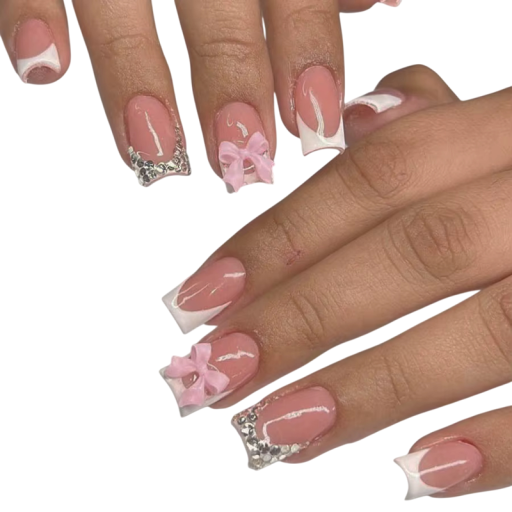 24 bucăți Unghii artificiale nude cu vârf franțuzesc Formă pătrată Tipsuri acrilice 12 dimensiuni Decorate cu fundițe și pietricele Pentru salon
