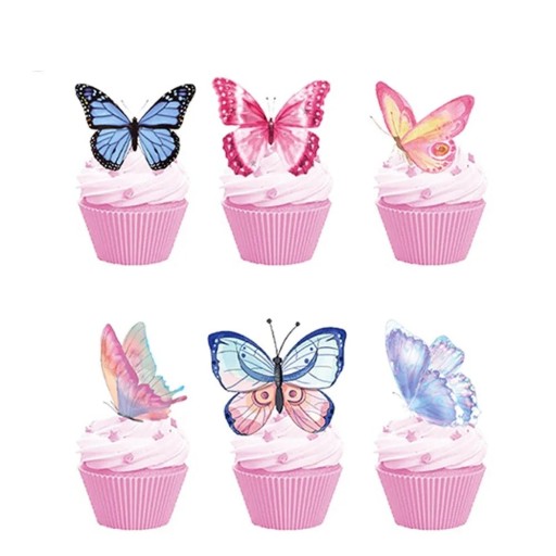 24 db Muffin díszítő Motívum: Lepke Cupcake díszítők muffinokhoz és tortákhoz Tortadíszítő Gyerekparti dekoráció