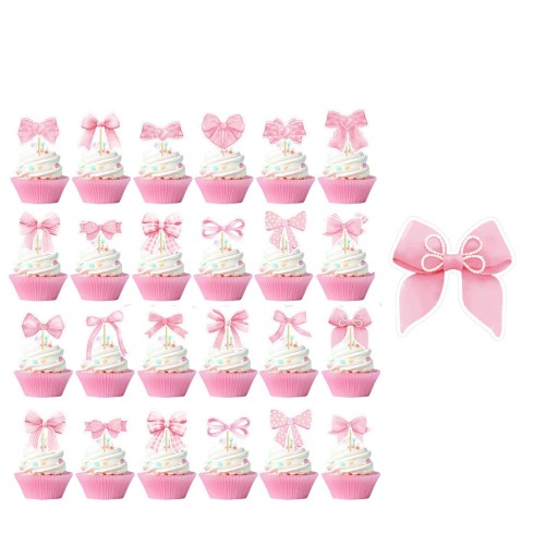 24 pcs Cure-dents pour cupcakes Nœuds mélange de designs 6,3 × 6,4 cm Topper en papier pour cupcakes décoration de gâteau fête anniversaires baby