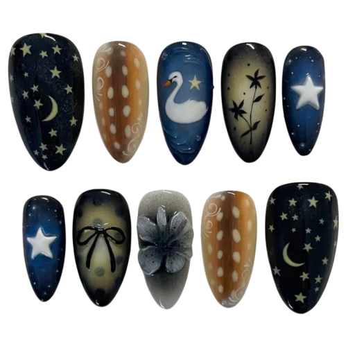 24 piezas de uñas postizas 25,6–18,3 mm Uñas de almendra brillantes con diseños dibujados 12 tamaños Set con pegamento