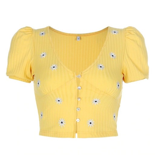 Gul crop top för kvinnor med blommor