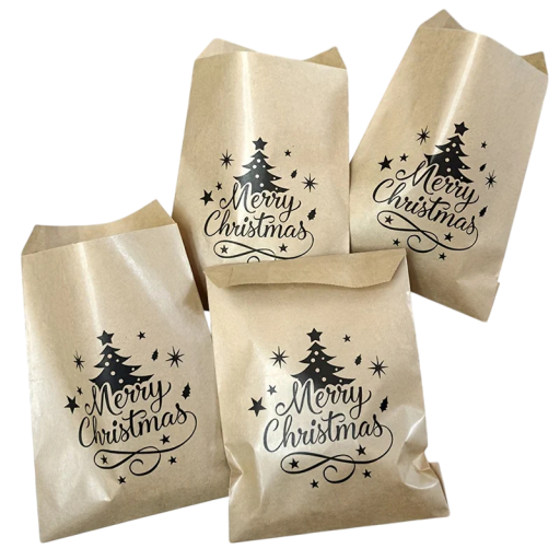 25 de bucăți de pungi cadou de Crăciun 13 x 18 cm din hârtie kraft cu motiv de brad de Crăciun și inscripția Merry Christmas pe fundal auriu