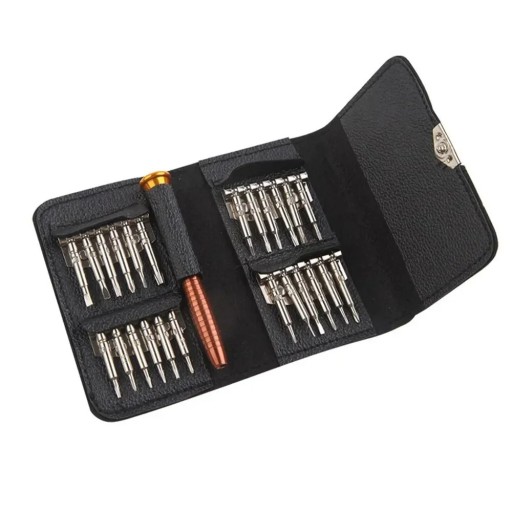 25-in-1-Präzisionsschraubendreher-Set im Lederetui mit Metallgriff zur Reparatur von Telefonen, Uhren, Elektronik und Feinmechanik