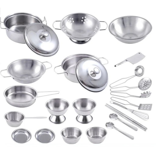 25 pcs Conjunto de utensílios de cozinha para crianças Utensílios de cozinha em aço inoxidável Conjunto de cozinha de brincar Brinquedo de cozinhar com panelas, frigideiras e acessórios