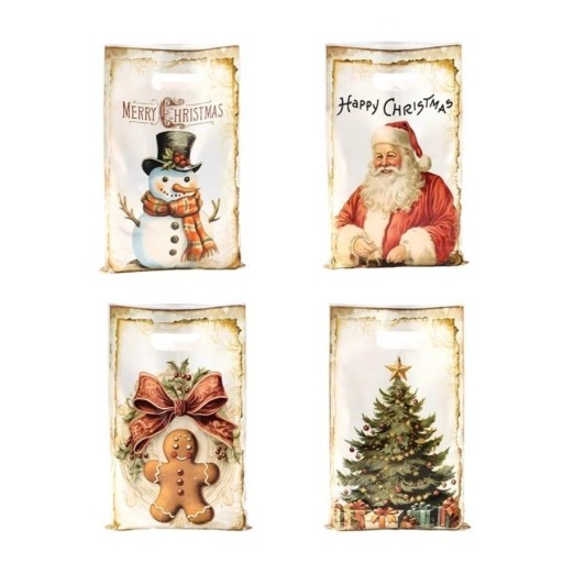 25 sacs cadeaux avec des motifs de Noël 25 x 16,5 cm Sacs en plastique avec poignées pour petits cadeaux et friandises Emballage de Noël résistant et léger