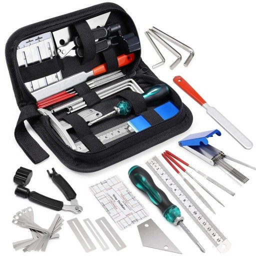 25-teiliges Gitarren-Reparatur-Werkzeugset mit Tragetasche, komplettes Werkzeug zur Gitarrenwartung, Stimmgerät, Stiftzieher, Lineal, Schraubendreher, Schraubenschlüssel