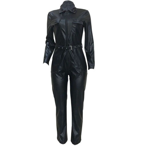 Jumpsuit i läder för kvinnor med djup urringning B846