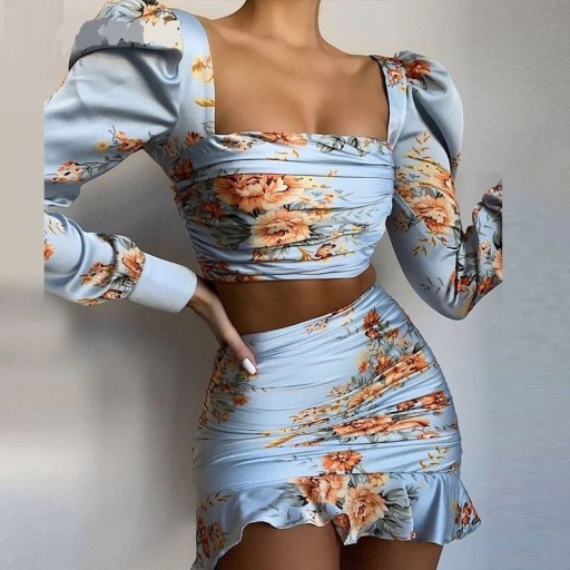 Blommig crop top och kjol för kvinnor B1162