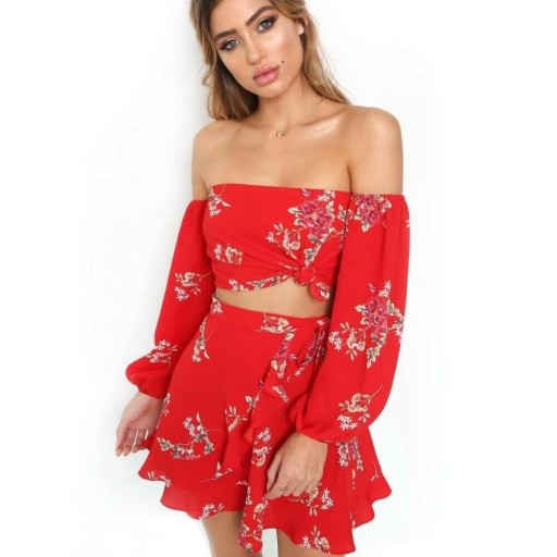 Blommig crop top och kjol för kvinnor B1251